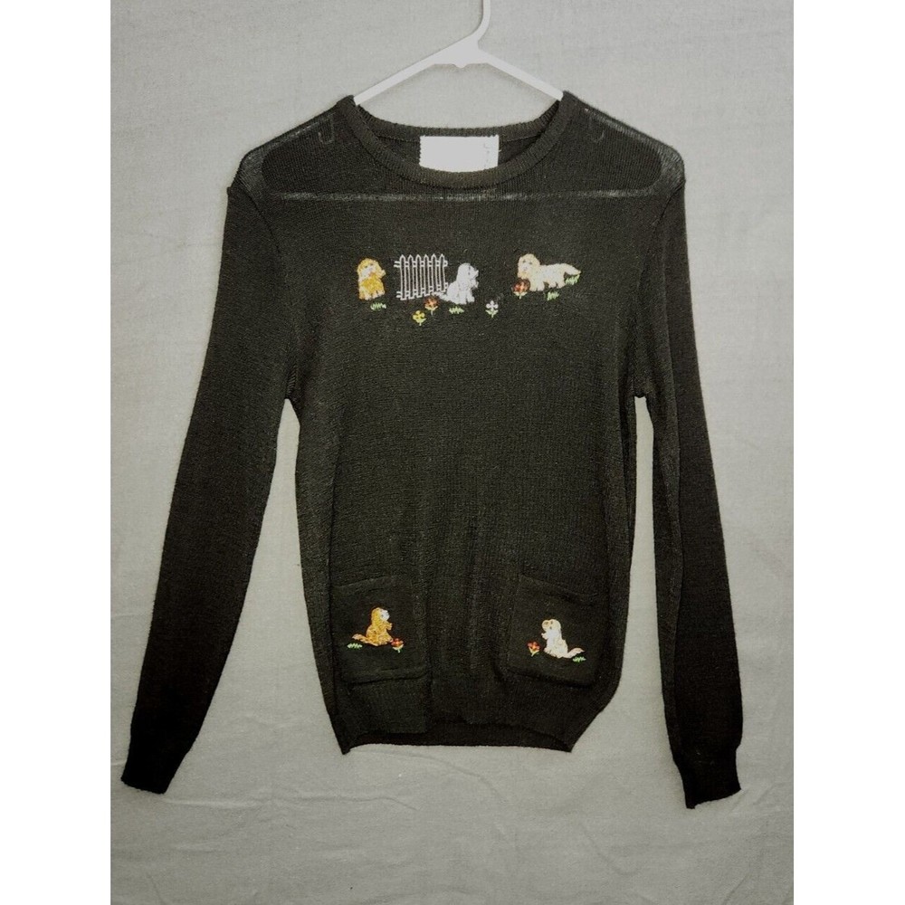 Vintage Cyn Les Womens Medium Black‎ Shirlee Designs Embroidered Sweater Dogs